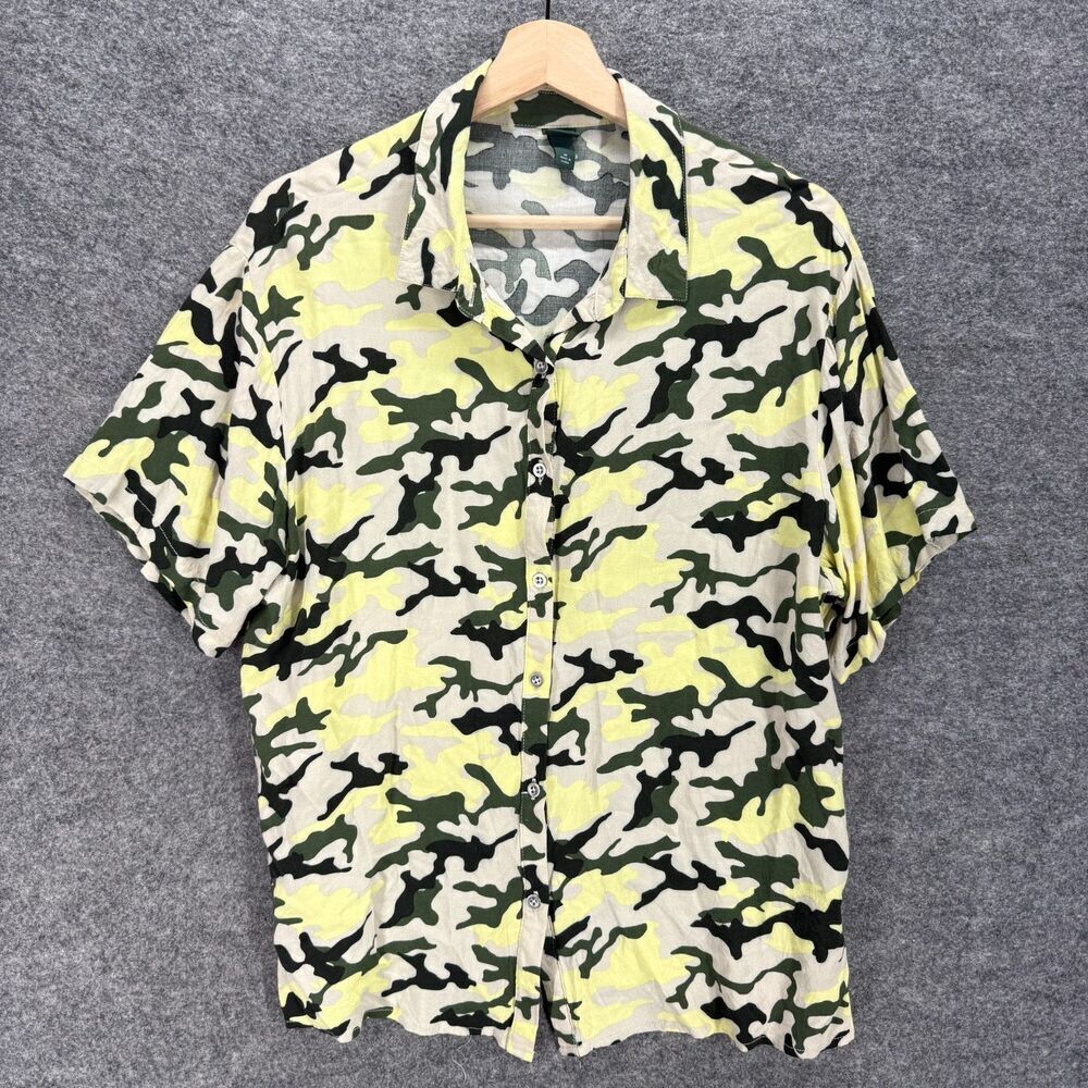 Wild Fable Shirt Women M Medium Yellow Camouflage Button Up Collared Rayon